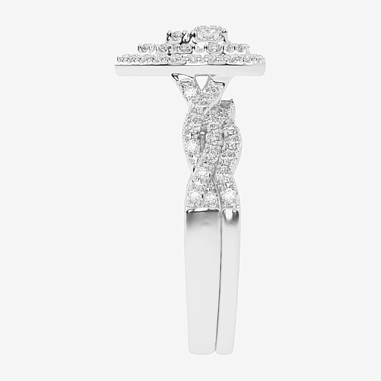 Womens 1/2 CT. T.W. Natural White Diamond 10K Gold Pear Side Stone Halo Bridal Set