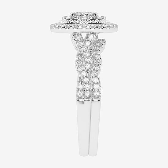 Womens 1/2 CT. T.W. Natural White Diamond 10K Gold Oval Side Stone Halo Bridal Set