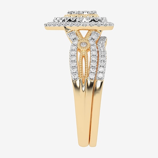 Womens 1/2 CT. T.W. Natural White Diamond 10K Gold Pear Side Stone Halo Bridal Set