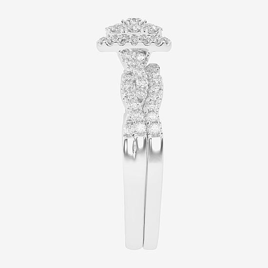 Womens 1/2 CT. T.W. Natural White Diamond 10K Gold Oval Side Stone Halo Bridal Set