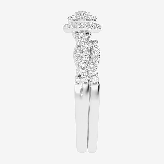 Womens 1/2 CT. T.W. Natural White Diamond 10K Gold Round Side Stone Halo Bridal Set