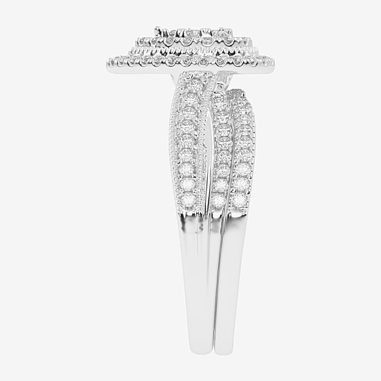 Womens 1/2 CT. T.W. Natural White Diamond 10K Gold Pear Side Stone Halo Bridal Set