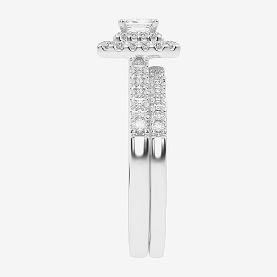 Womens 1/2 CT. T.W. Natural White Diamond 10K Gold Cushion Side Stone Halo Bridal Set