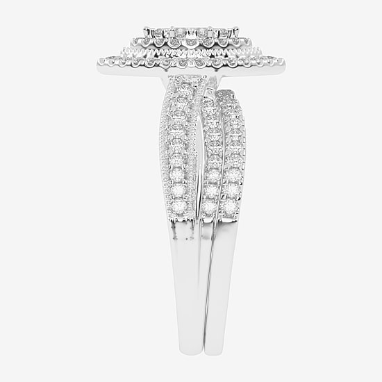 Womens 1/2 CT. T.W. Natural White Diamond 10K Gold Marquise Side Stone Halo Bridal Set