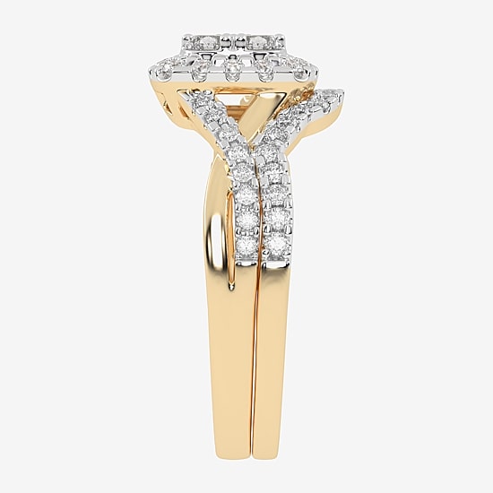 Womens 1/2 CT. T.W. Natural White Diamond 10K Gold Cushion Side Stone Halo Bridal Set