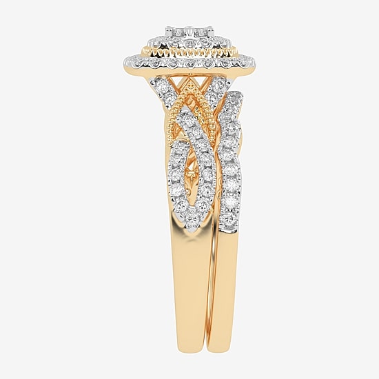 Womens 1/2 CT. T.W. Natural White Diamond 10K Gold Cushion Side Stone Halo Bridal Set