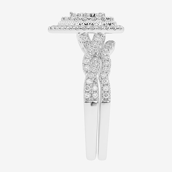 Womens 1/2 CT. T.W. Natural White Diamond 10K Gold Pear Side Stone Halo Bridal Set