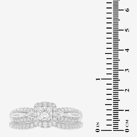 Womens 1/2 CT. T.W. Natural White Diamond 10K Gold Cushion Side Stone Halo Bridal Set