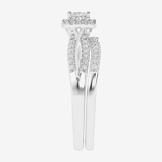 Womens 1/2 CT. T.W. Natural White Diamond 10K Gold Cushion Side Stone Halo Bridal Set