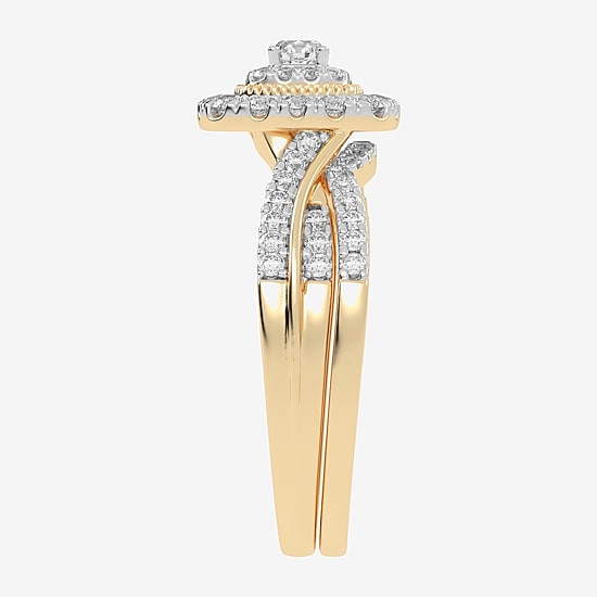 Womens 1/2 CT. T.W. Natural White Diamond 10K Gold Cushion Side Stone Halo Bridal Set