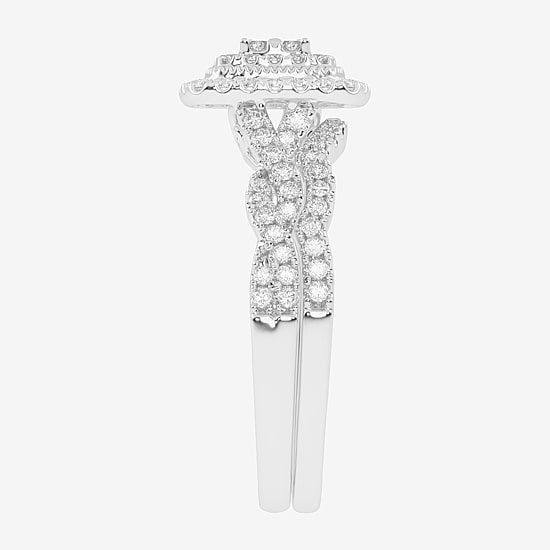 Womens 1/2 CT. T.W. Natural White Diamond 10K Gold Cushion Side Stone Halo Bridal Set