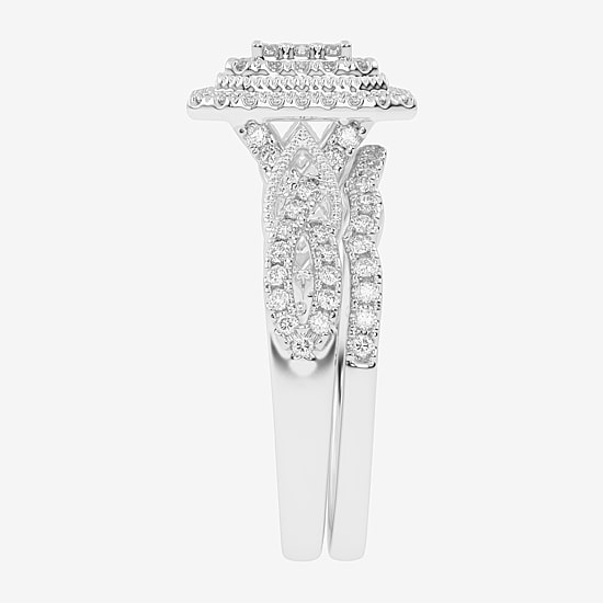Womens 1/2 CT. T.W. Natural White Diamond 10K Gold Cushion Side Stone Halo Bridal Set