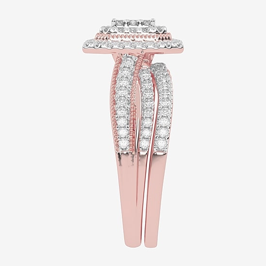 Womens 1/2 CT. T.W. Natural White Diamond 10K Gold Cushion Side Stone Halo Bridal Set