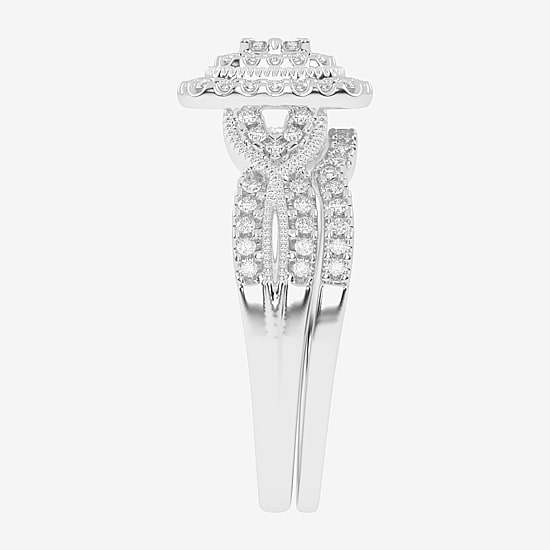 Womens 1/2 CT. T.W. Natural White Diamond 10K Gold Cushion Side Stone Halo Bridal Set