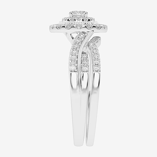 Womens 1/2 CT. T.W. Natural White Diamond 10K Gold Oval Side Stone Halo Bridal Set
