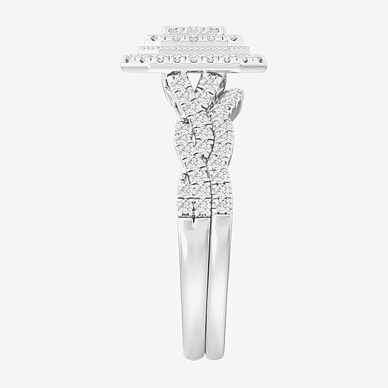 Womens 1/2 CT. T.W. Natural White Diamond 10K Gold Side Stone Halo Bridal Set