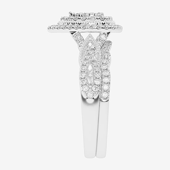 Womens 1/2 CT. T.W. Natural White Diamond 10K Gold Pear Side Stone Halo Bridal Set