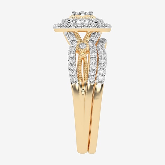 Womens 1/2 CT. T.W. Natural White Diamond 10K Gold Cushion Side Stone Halo Bridal Set