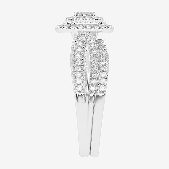 Womens 1/2 CT. T.W. Natural White Diamond 10K Gold Cushion Side Stone Halo Bridal Set