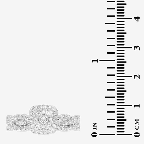 Womens 1/2 CT. T.W. Natural White Diamond 10K Gold Cushion Side Stone Halo Bridal Set