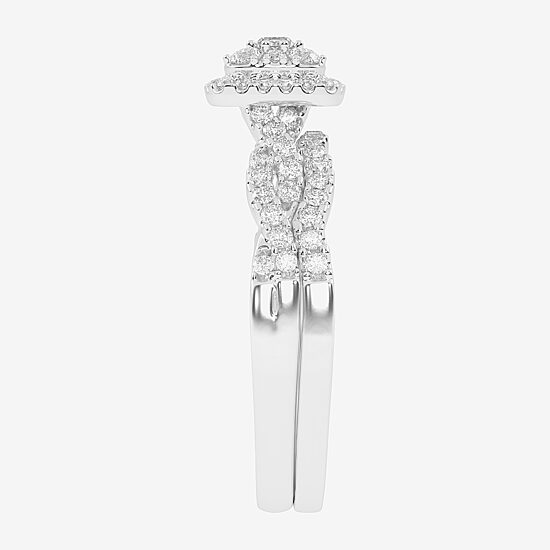 Womens 1/2 CT. T.W. Natural White Diamond 10K Gold Cushion Side Stone Halo Bridal Set