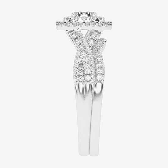 Womens 1/2 CT. T.W. Natural White Diamond 10K Gold Cushion Side Stone Halo Bridal Set