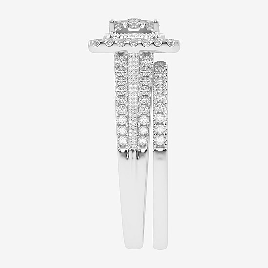 Womens 1/2 CT. T.W. Natural White Diamond 10K Gold Cushion Side Stone Halo Bridal Set