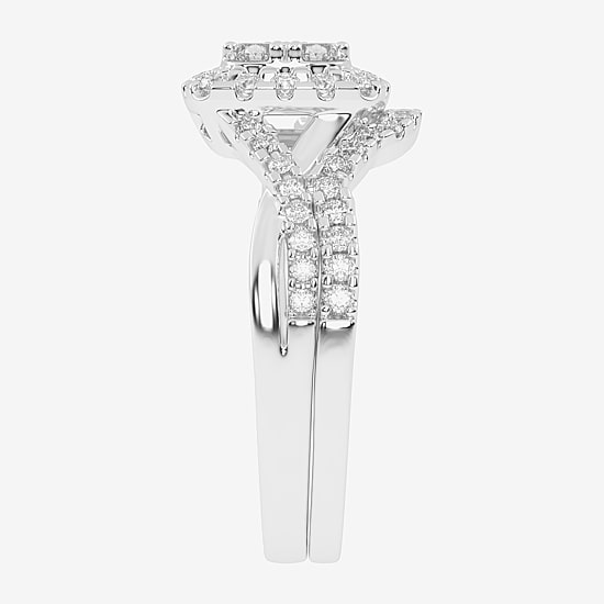 Womens 1/2 CT. T.W. Natural White Diamond 10K Gold Cushion Side Stone Halo Bridal Set