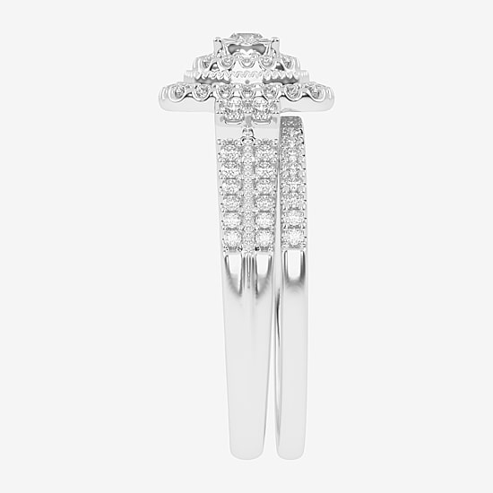 Womens 1/2 CT. T.W. Natural White Diamond 10K Gold Cushion Side Stone Halo Bridal Set