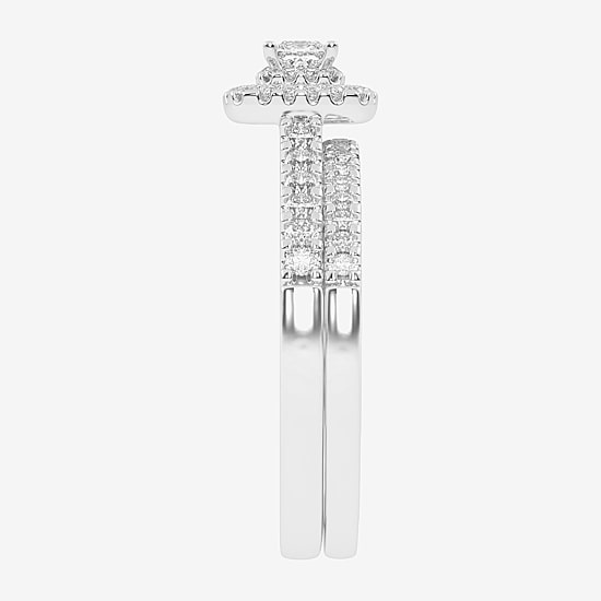 Womens 1/2 CT. T.W. Natural White Diamond 10K Gold Cushion Side Stone Halo Bridal Set
