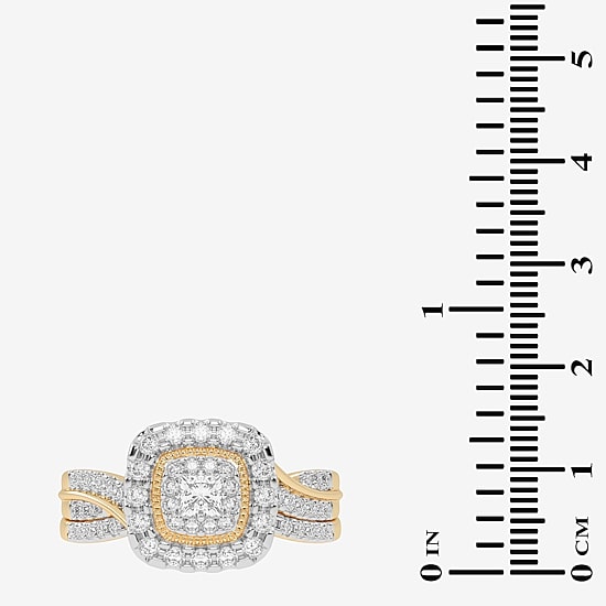 Womens 1/2 CT. T.W. Natural White Diamond 10K Gold Cushion Side Stone Halo Bridal Set