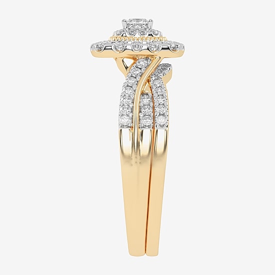 Womens 1/2 CT. T.W. Natural White Diamond 10K Gold Cushion Side Stone Halo Bridal Set