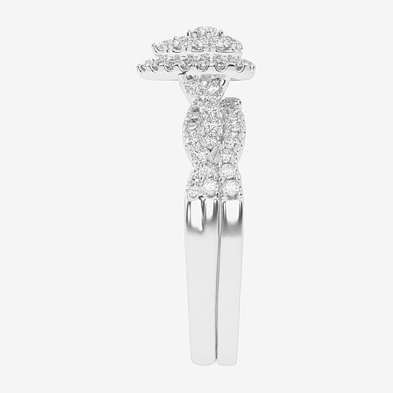 Womens 1/2 CT. T.W. Natural White Diamond 10K Gold Pear Side Stone Halo Bridal Set
