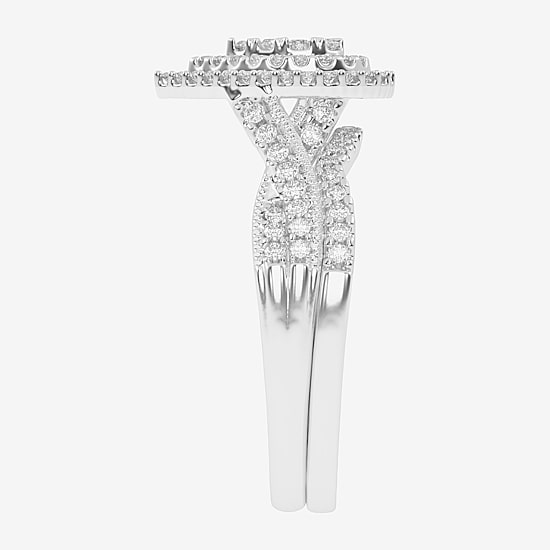 Womens 1/2 CT. T.W. Natural White Diamond 10K Gold Pear Side Stone Halo Bridal Set