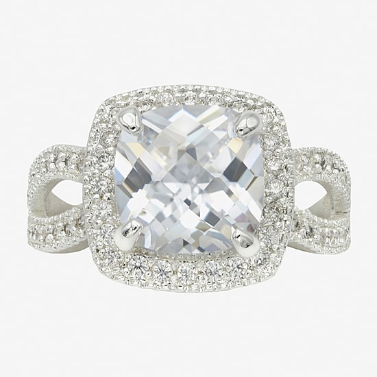 Sparkle Allure Womens Cubic Zirconia Pure Silver Over Brass Cushion Halo Engagement Ring