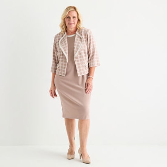 Maya Brooke Womens Plus Pearl Trim Plaid Jacket Dress