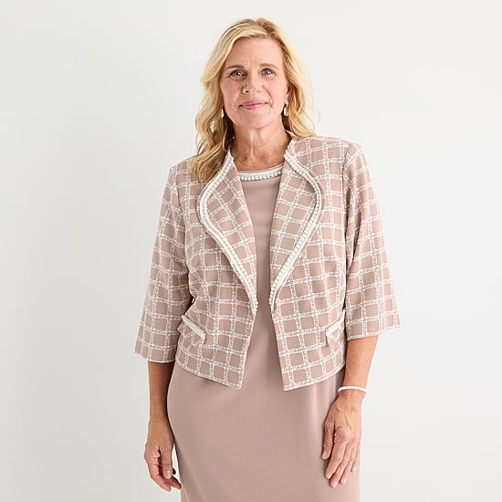 Maya Brooke Womens Plus Pearl Trim Plaid Jacket Dress