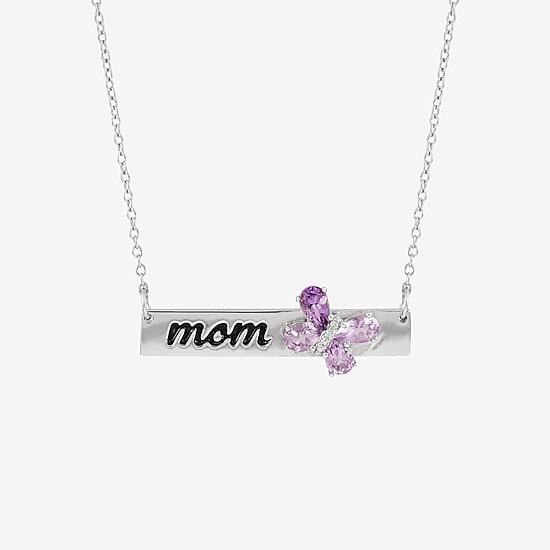 Limited Quantities! "Mom" Womens Diamond Accent Genuine Purple Amethyst Sterling Silver Bar Butterfly 18 Inch Pendant Necklace