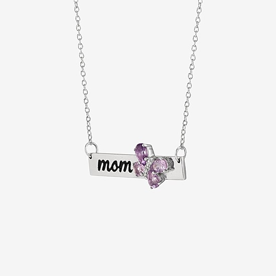 Limited Quantities! "Mom" Womens Diamond Accent Genuine Purple Amethyst Sterling Silver Bar Butterfly 18 Inch Pendant Necklace