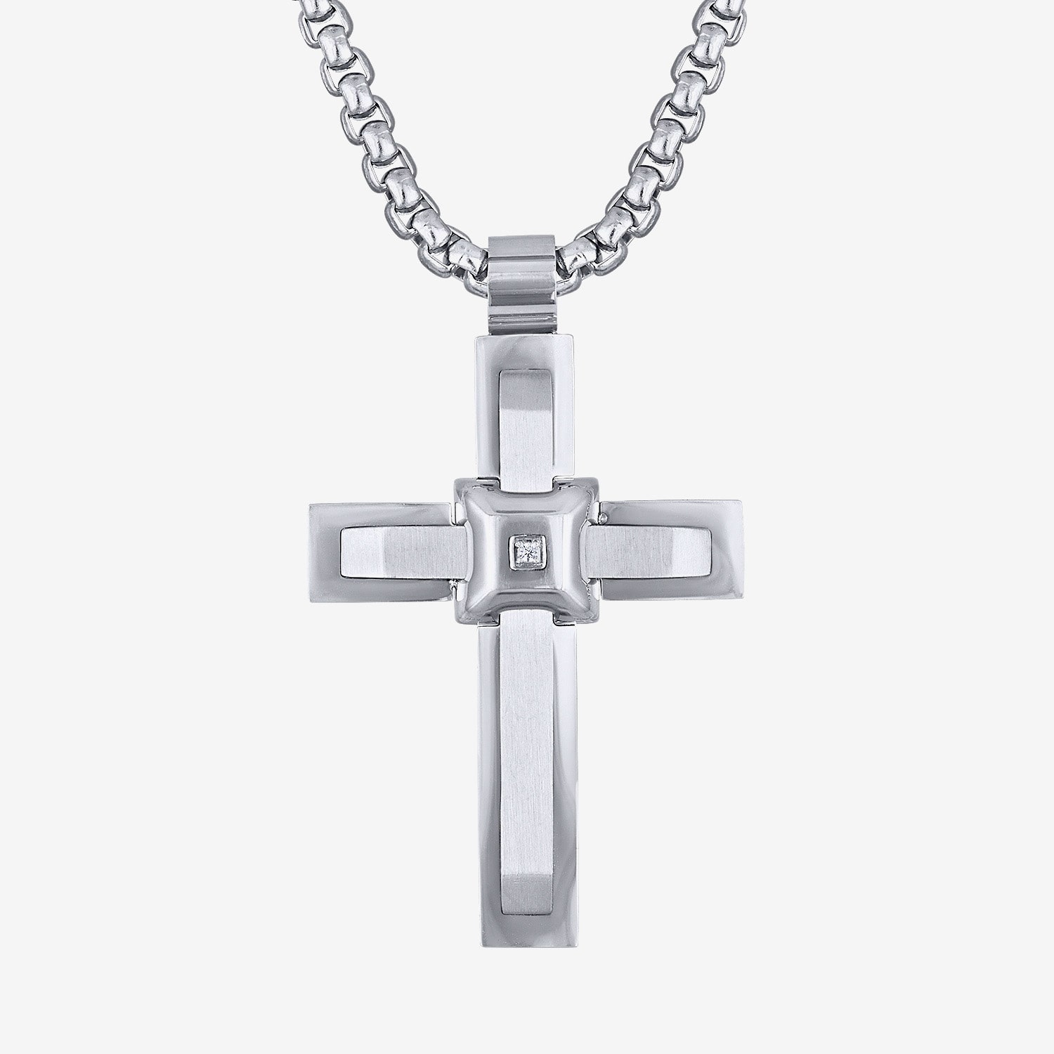 Mens White Cubic Zirconia Stainless Steel Cross 24 Inch Pendant Necklace