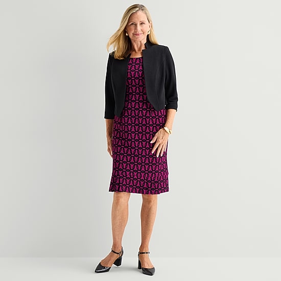 ladies jacket dress LONG PLAID  BANGER BOUTIQUE This chic garment gives a contemporary take on traditional elegance with its distinctive flower buttons and flattering V Maya Brooke Women's Jacket Dress
