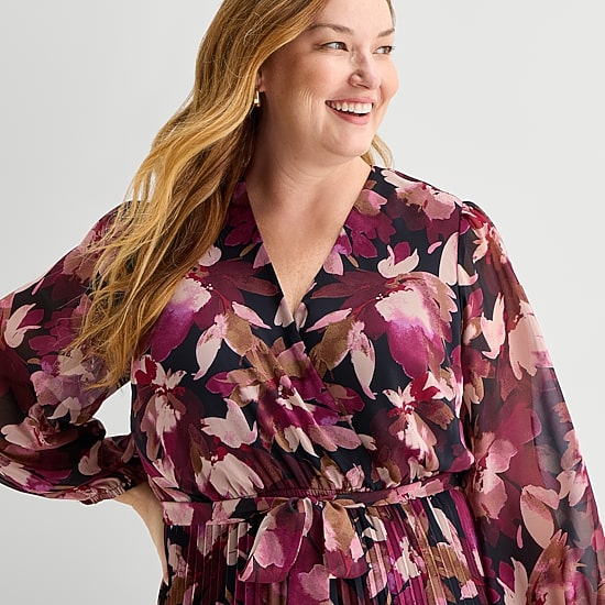Sandra Darren Womens Plus Midi V Neck 3/4 Sleeve Floral Fit + Flare Dress