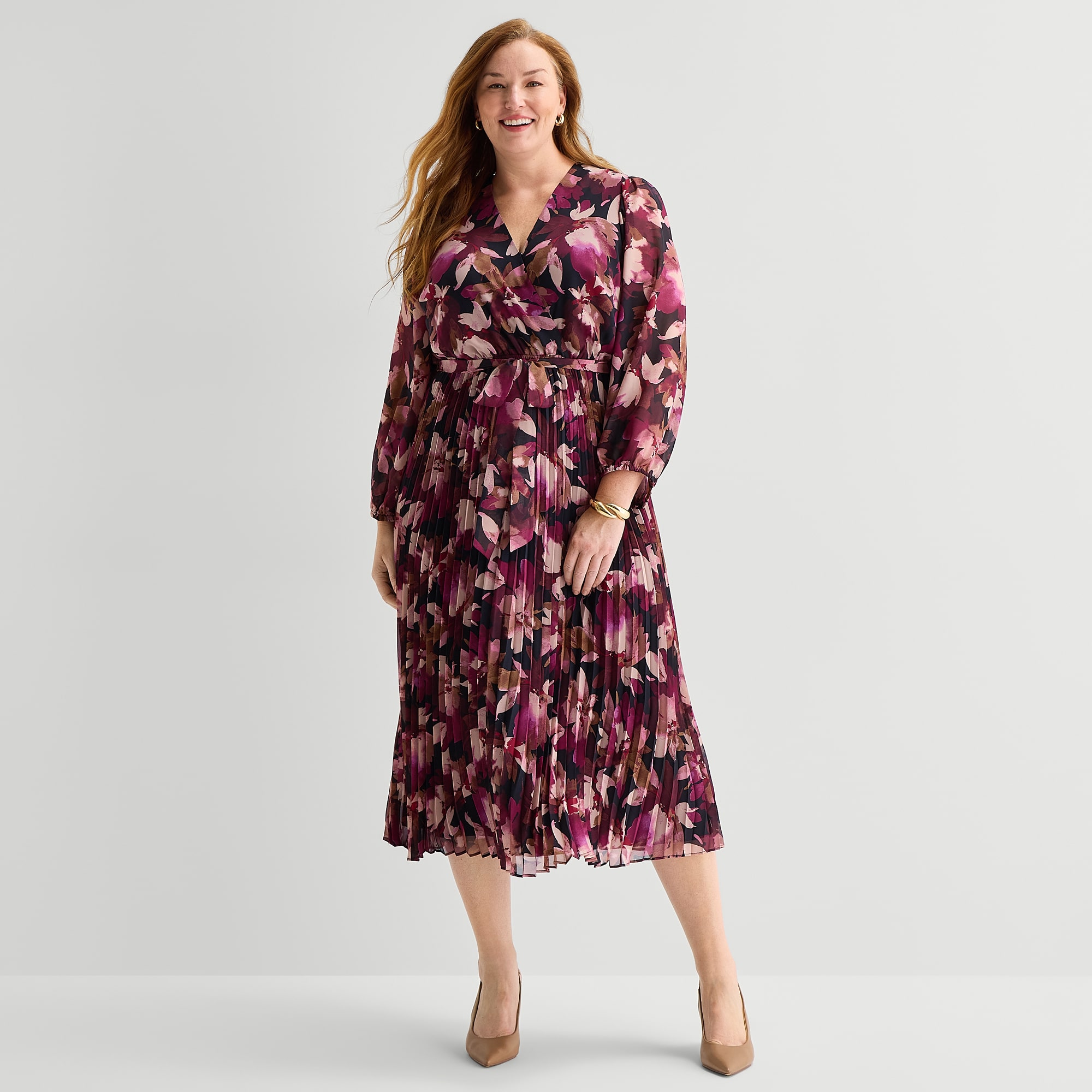 Sandra Darren Womens Plus Midi V Neck Long Sleeve Cap Floral Fit + Flare Dress