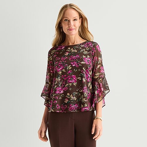 Black Label By Evan Picone Womens Petite Round Neck 3/4 Sleeve Blouse In Brown