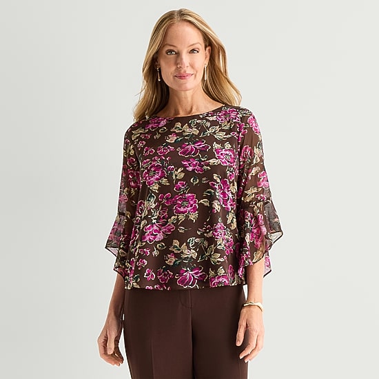 Black Label by Evan-Picone Womens Petite Boat Neck 3/4 Sleeve Blouse