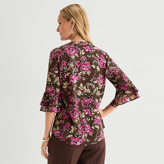 Black Label by Evan-Picone Womens Split Crew Neck 3/4 Sleeve Blouse