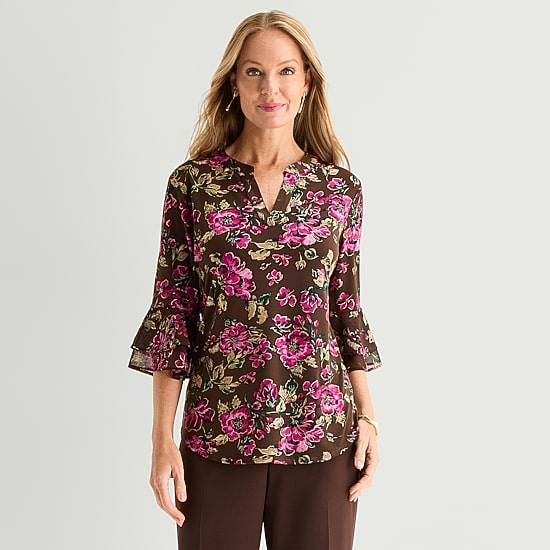 Black Label by Evan-Picone Womens Split Crew Neck 3/4 Sleeve Blouse