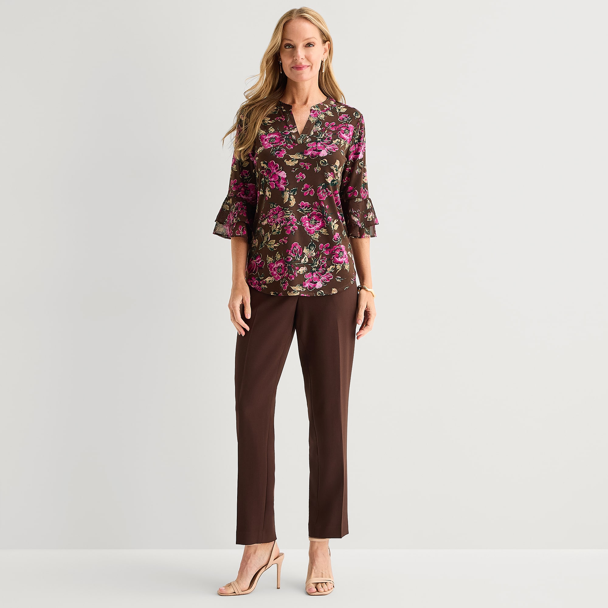 Black Label by Evan-Picone Womens V Neck 3/4 Sleeve Blouse