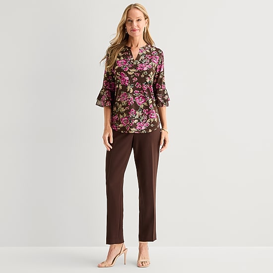 Black Label by Evan-Picone Womens Split Crew Neck 3/4 Sleeve Blouse