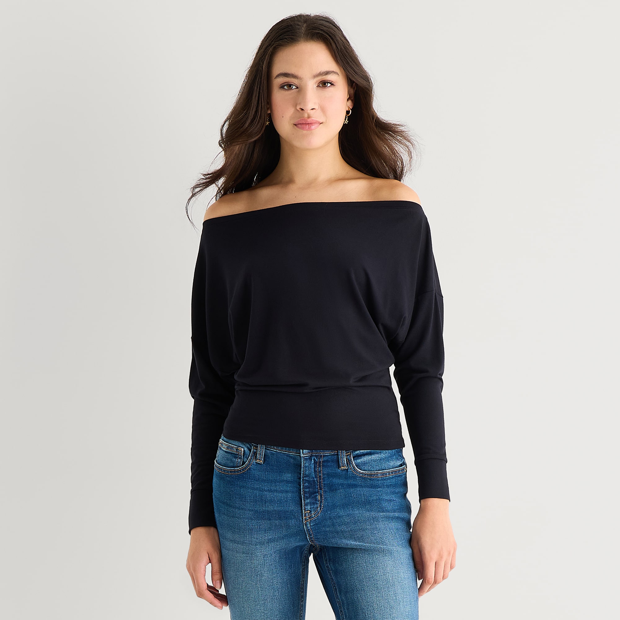 Arizona Womens Juniors Asymmetrical Neck Long Sleeve Blouse